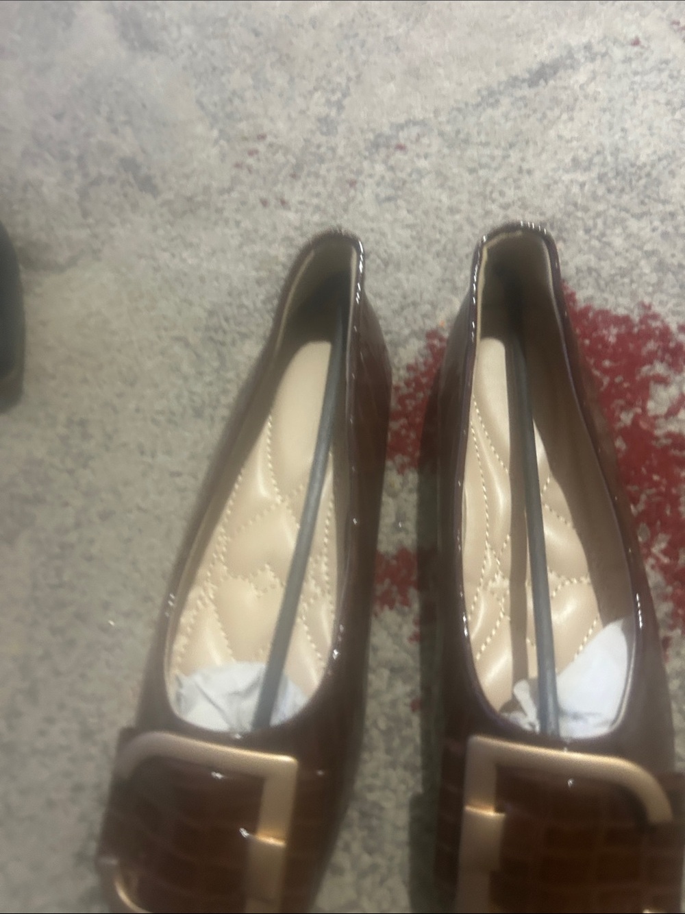 Patent Croc-Embossed Ballet Flats with Buckle - Brown